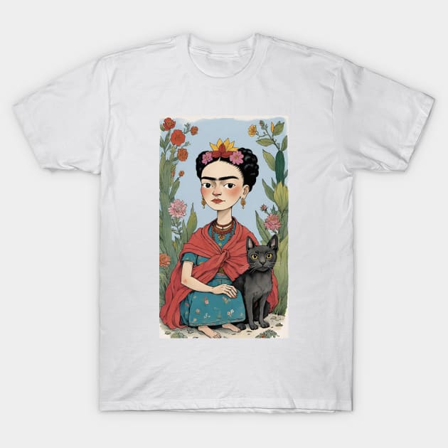 Frida and Her Feline Friend: Cartoon Illustration T-Shirt by FridaBubble